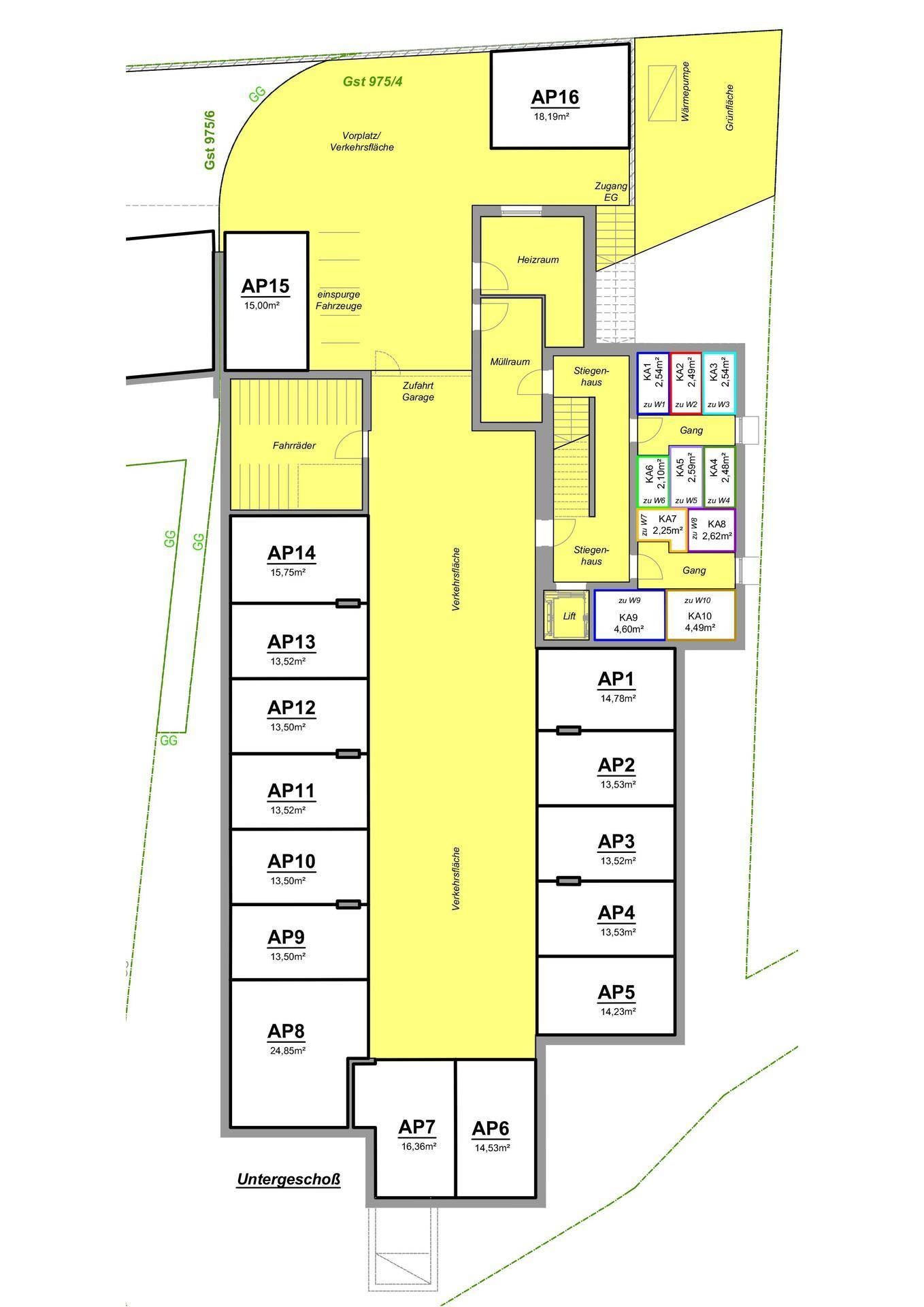 Grundriss des Untergeschosses mit Kellerräumen, Fahrradraum und Tiefgaragenzugang.