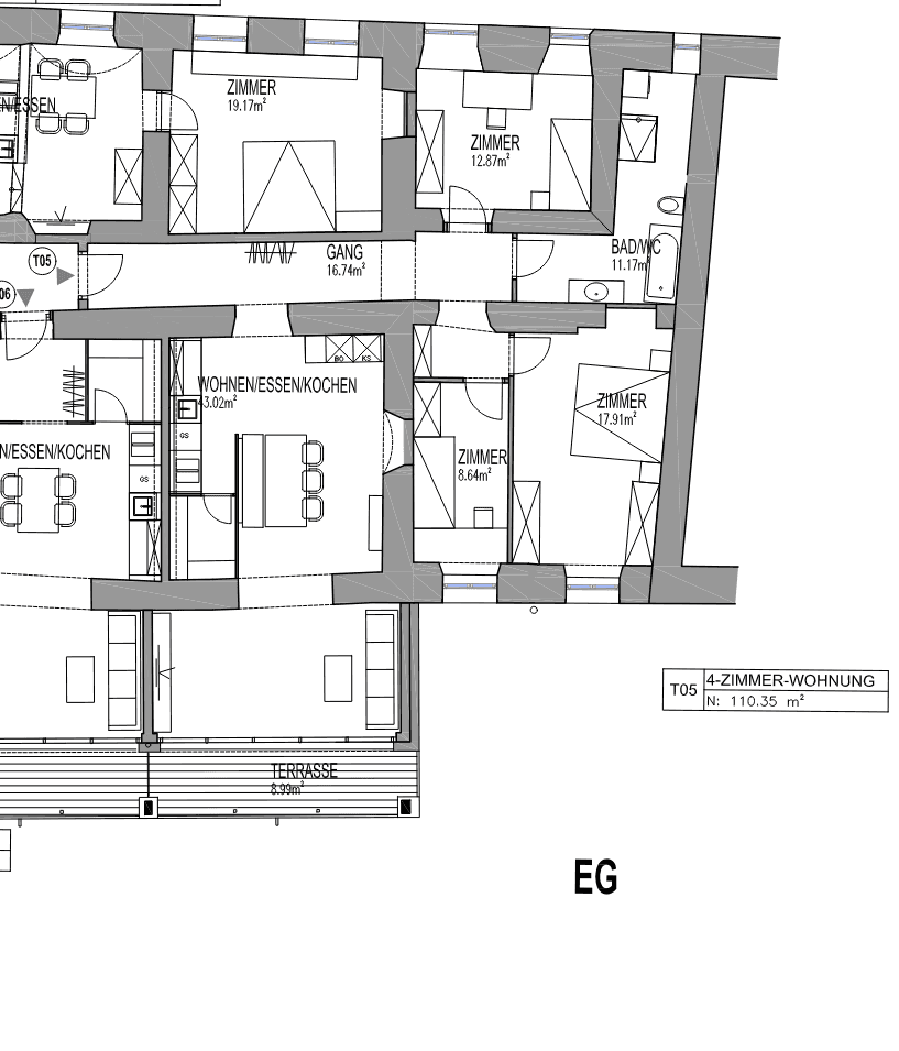 Grundriss einer 4-Zimmer-Wohnung mit offenem Wohn-/Ess-/Kochbereich und einer Terrasse.
