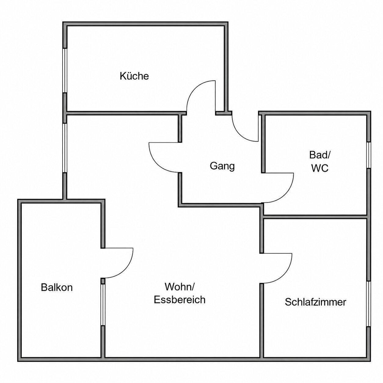 Grundriss der Wohnung mit Küche, Wohn-/Essbereich, Schlafzimmer, Bad/WC und Balkon.