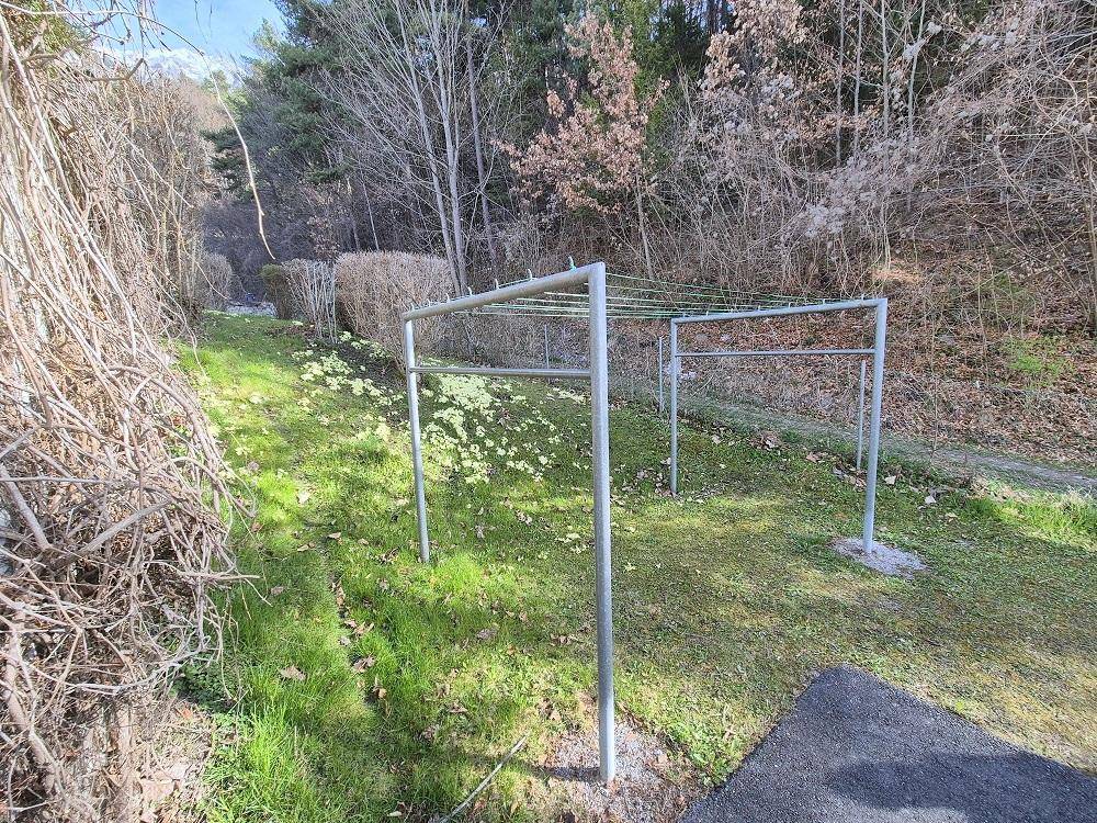 Gartenbereich mit Rasenfläche und Wäscheständer, umgeben von Bäumen und Sträuchern.