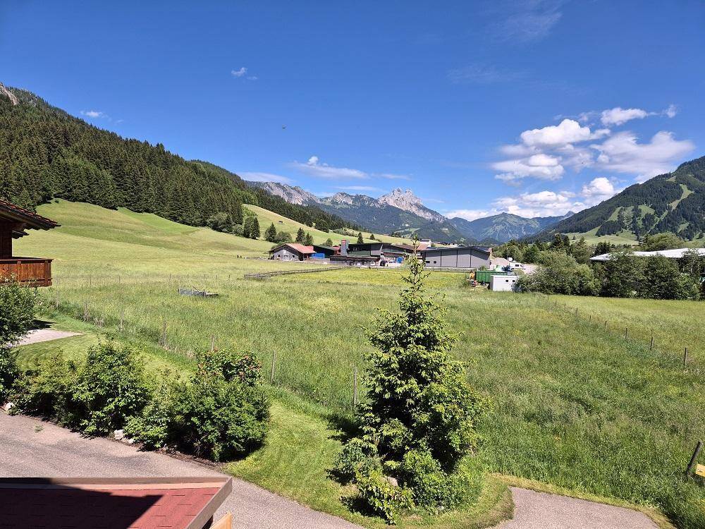 Panoramablick auf die idyllische Landschaft mit Wiesen, Wäldern und majestätischen Bergen.