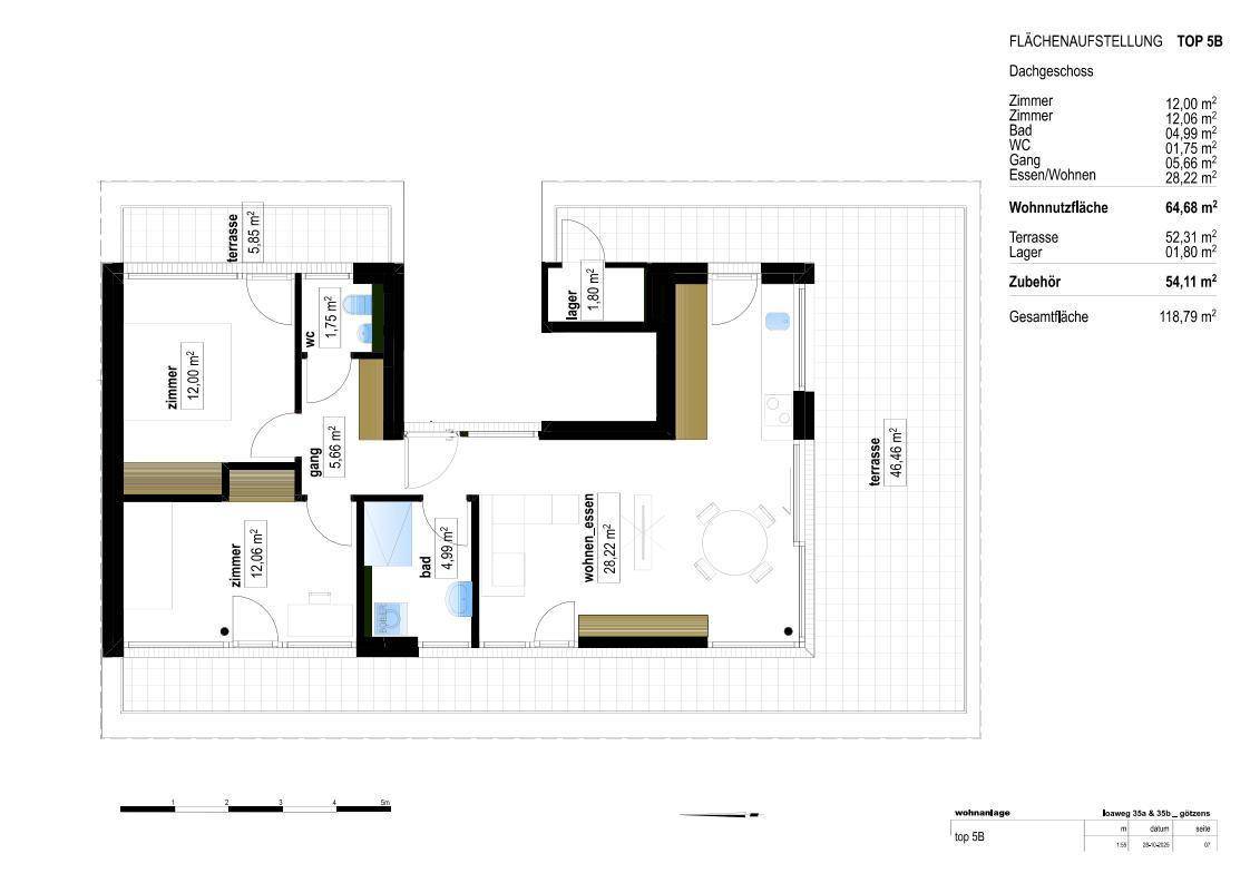 Grundriss einer Wohnung mit zwei Schlafzimmern, offenem Wohn-Essbereich und großer Terrasse.