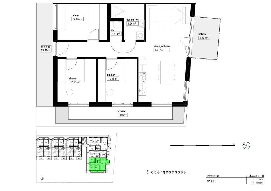 Grundriss einer Wohnung mit drei Zimmern, offenem Wohn-Essbereich, Bad, separatem WC, Balkon und Terrasse.