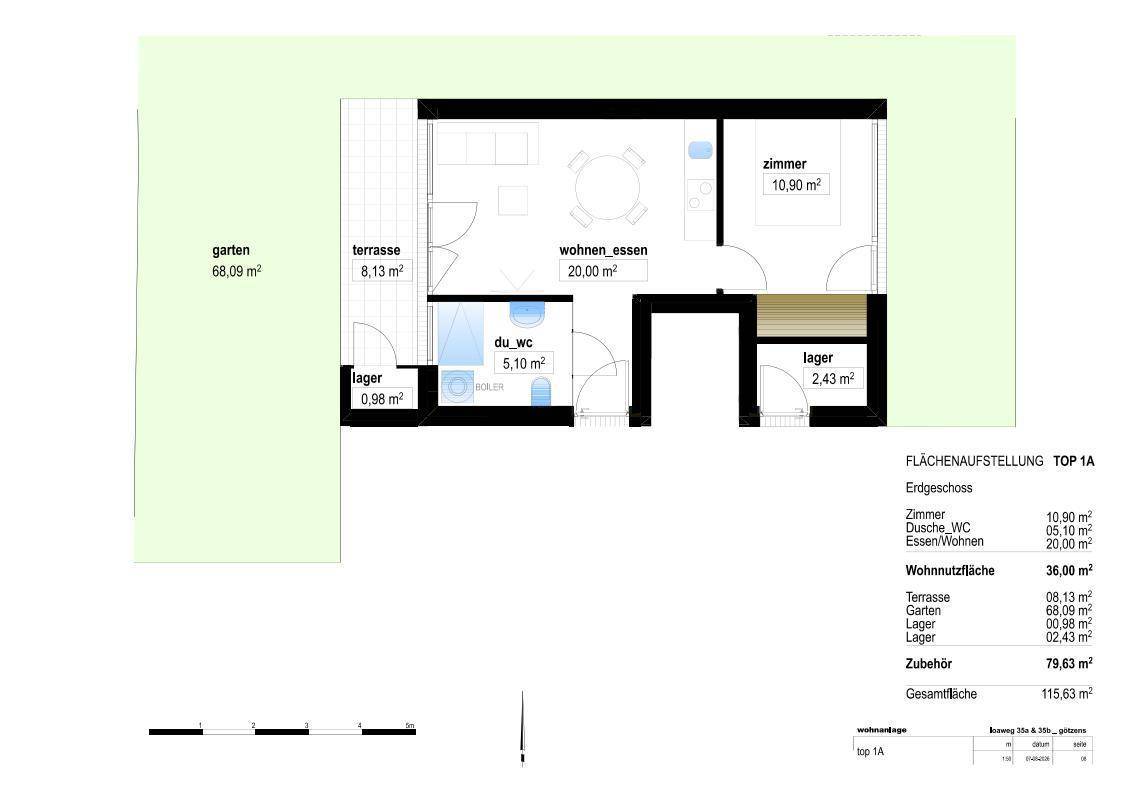 Detaillierter Grundriss einer Erdgeschosswohnung mit offenem Wohnbereich, Schlafzimmer, Bad, Terrasse und Garten.