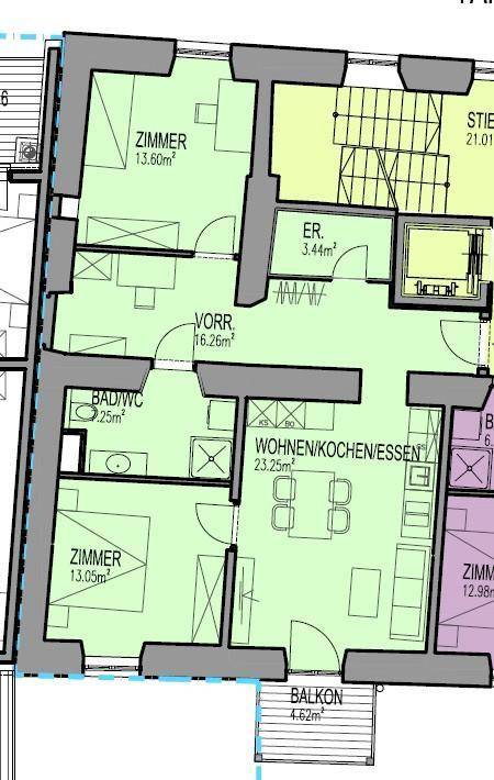 Grundriss einer Wohnung mit Balkon, offenem Wohnbereich und mehreren Zimmern.