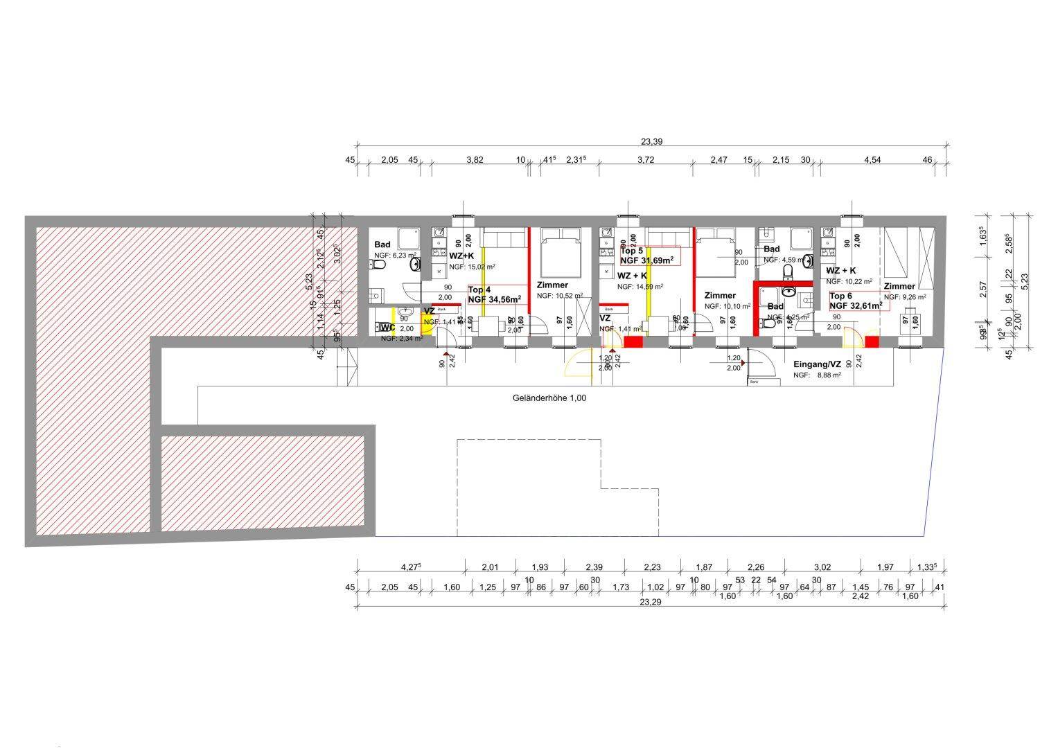 Detaillierter Grundriss des Erdgeschosses mit Zimmern, Bädern und Eingangsbereich.