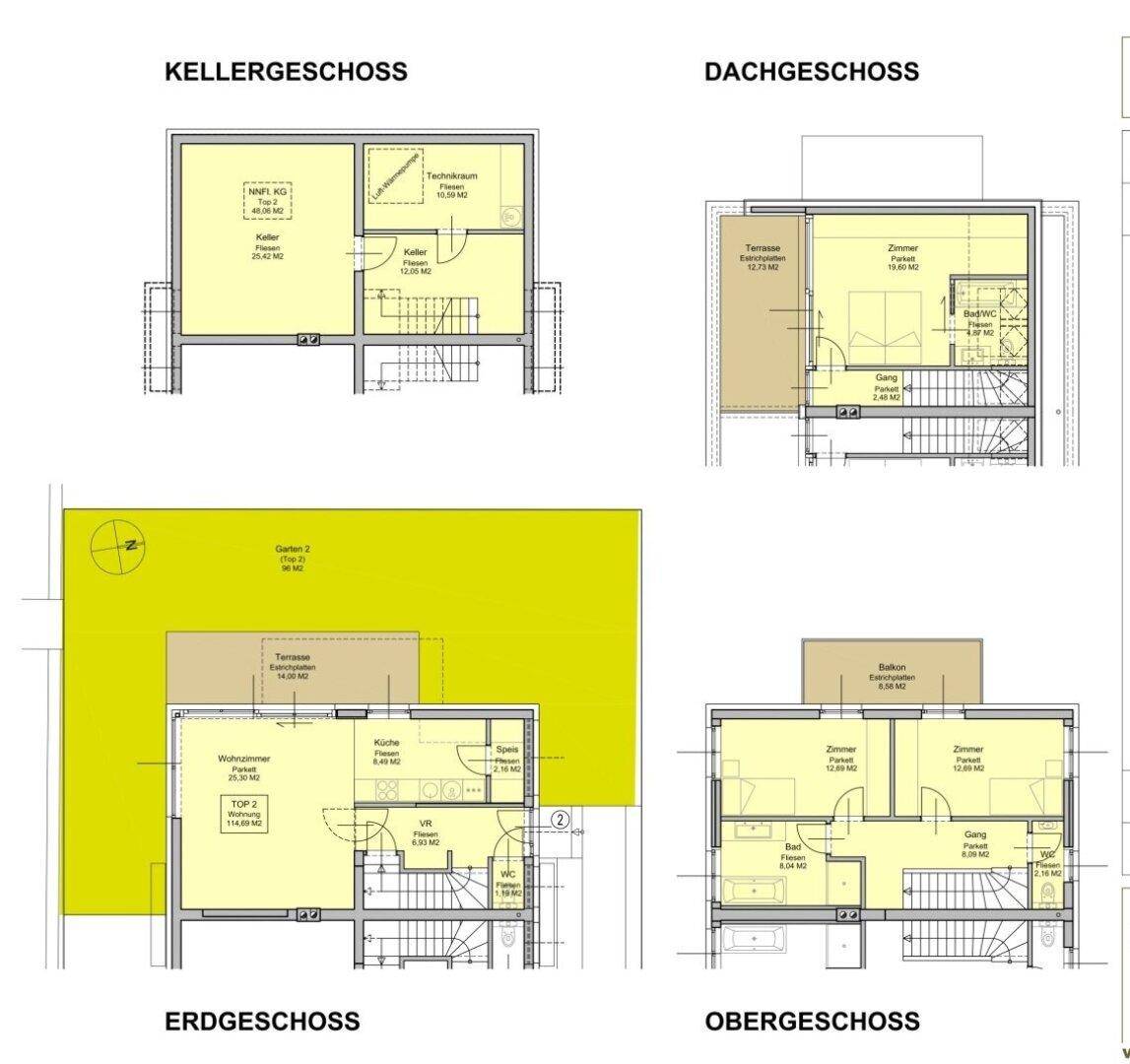 Detaillierte Grundrisse für Keller-, Erd-, Ober- und Dachgeschoss des Hauses.