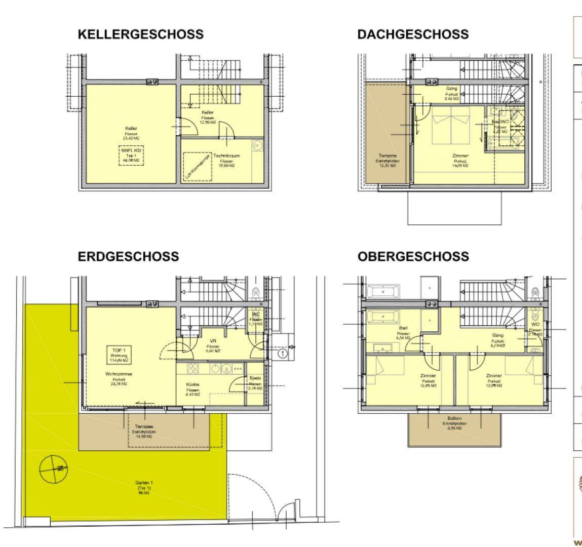 Übersichtlicher Grundrissplan des Hauses mit Keller-, Erd-, Ober- und Dachgeschoss.