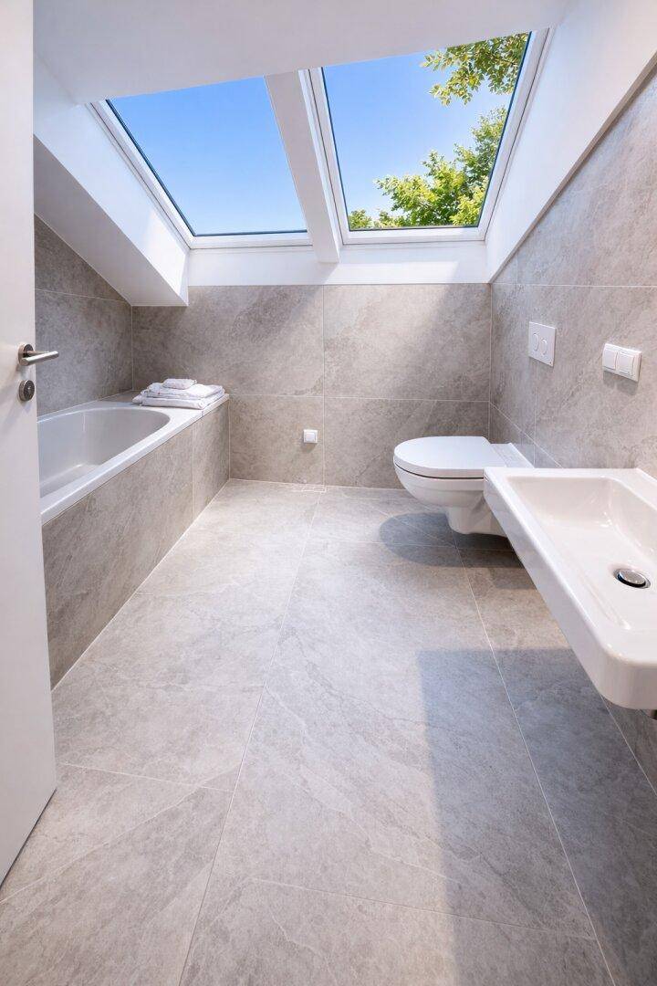 Modernes Badezimmer im Dachgeschoss mit Badewanne, WC und zwei Dachfenstern.