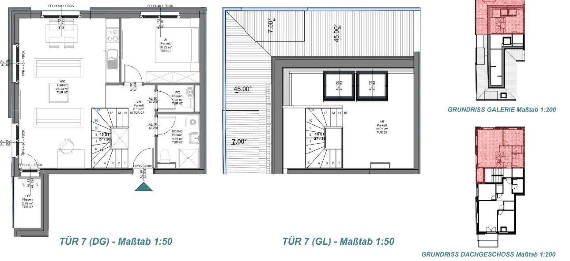 Grundrisspläne für zwei Etagen mit offenem Wohnbereich, Treppenhaus und Balkon.