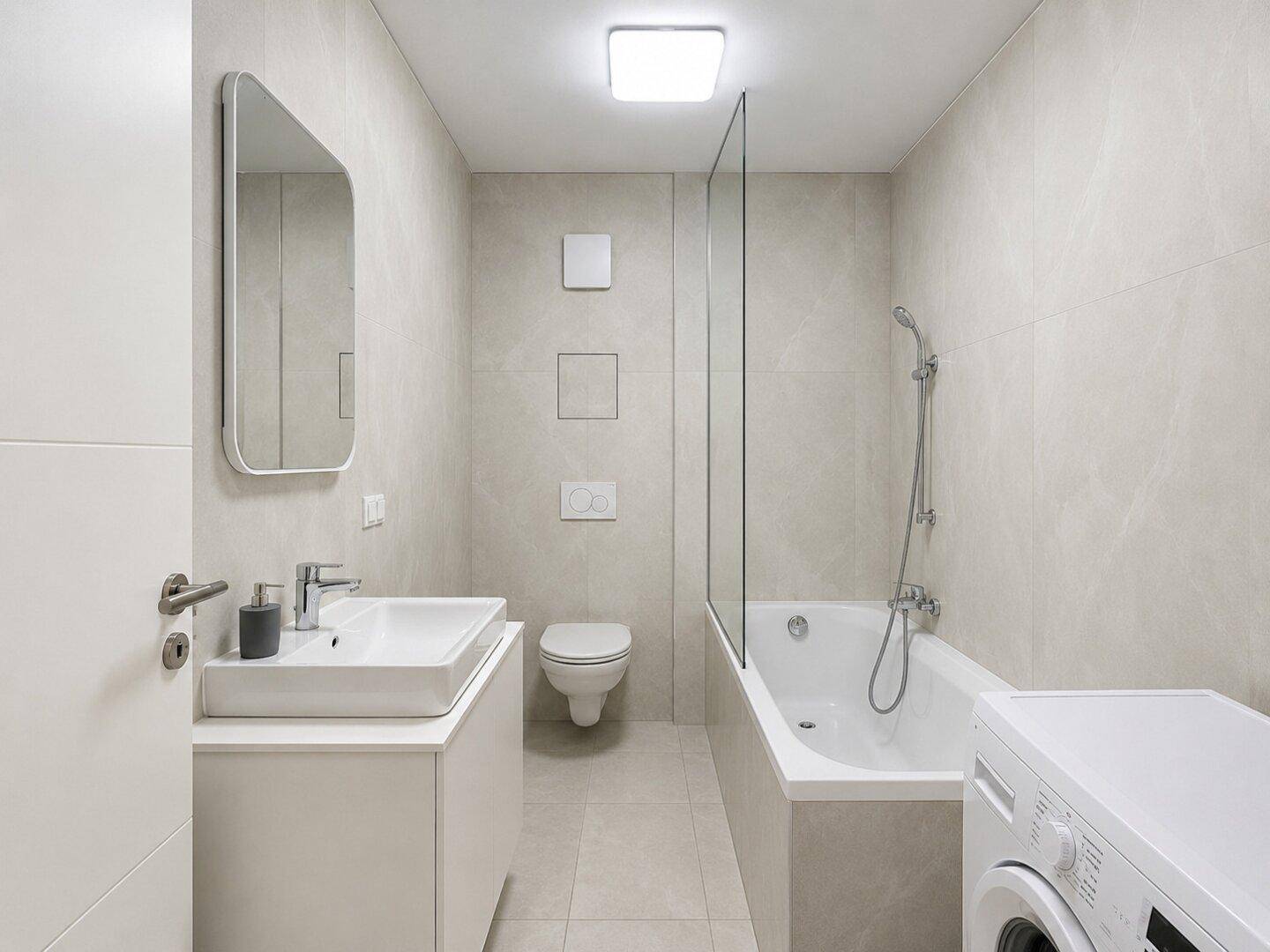 Modernes Badezimmer mit Badewanne, Waschbecken, Toilette und Waschmaschine in hellen Farbtönen.