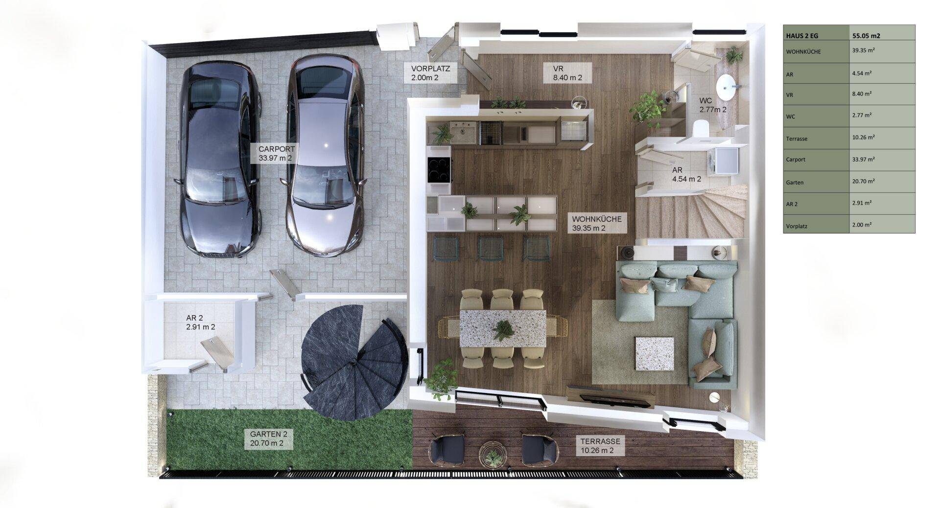 Grundriss des Erdgeschosses mit Carport, Garten, Terrasse und offenem Wohn-Essbereich.
