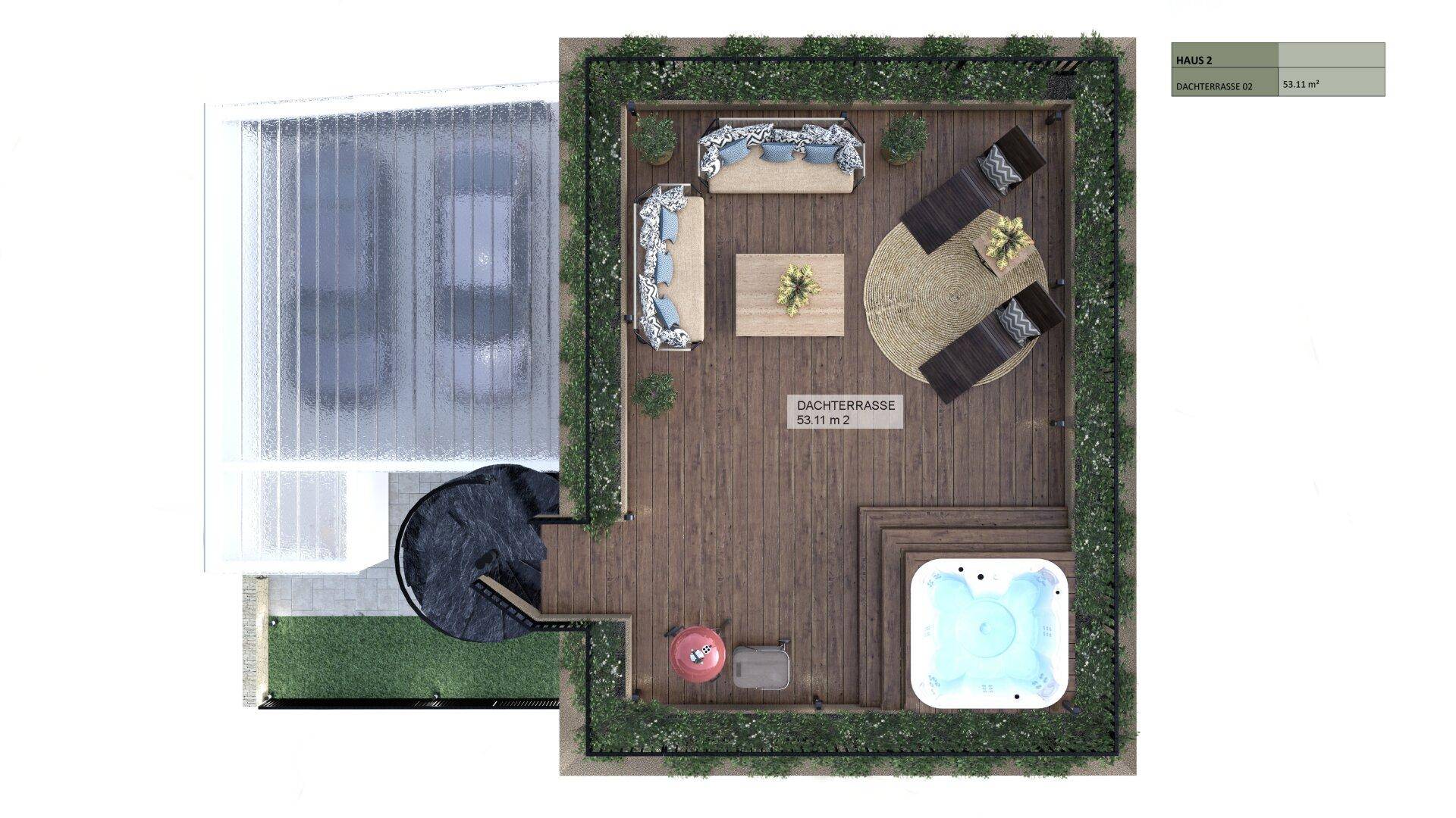Grundriss der Dachterrasse mit Lounge-Bereich, Whirlpool und Außentreppe.