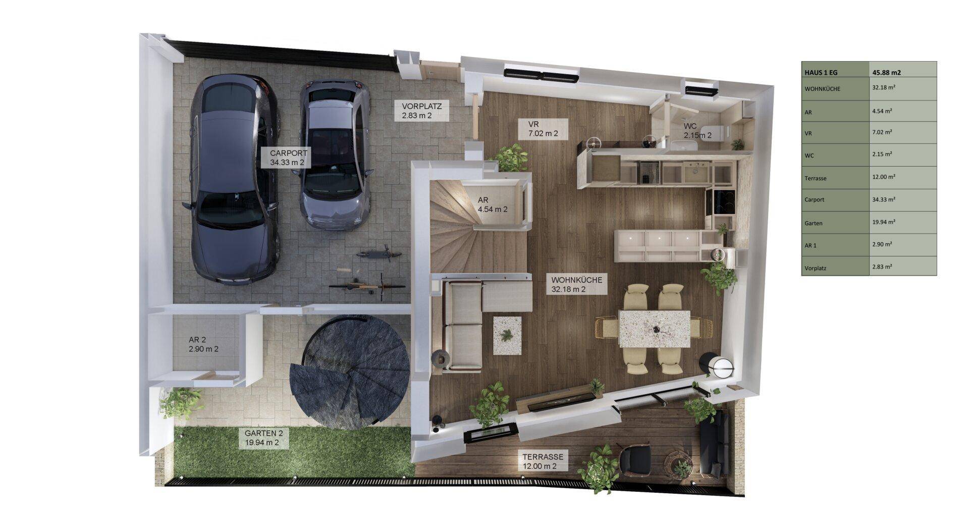 Grundriss des Erdgeschosses mit Carport, Garten, Terrasse, offenem Wohnbereich und Küche.