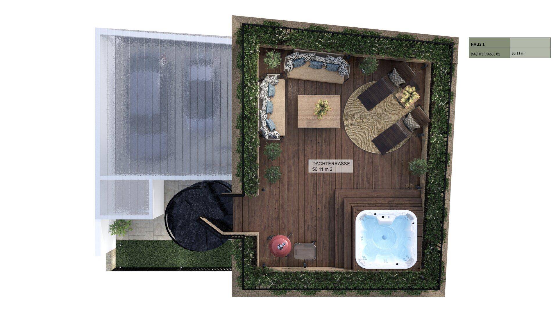 Grundriss der Dachterrasse mit Lounge-Bereich, Essplatz und integriertem Whirlpool.