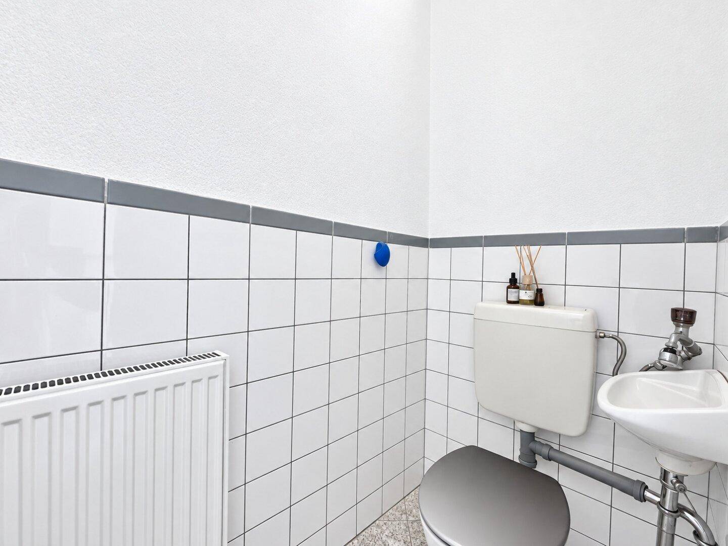 Separates WC mit Toilette, kleinem Waschbecken und weißen Wandfliesen.