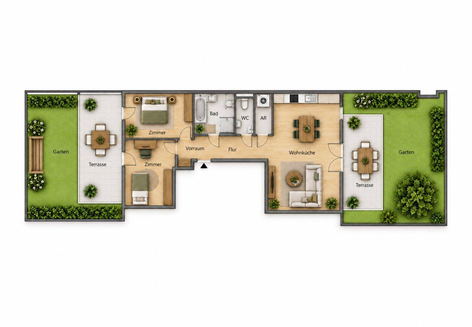 Detaillierter Grundriss mit Wohnküche, zwei Schlafzimmern, Bad und zwei Terrassen mit Gärten.