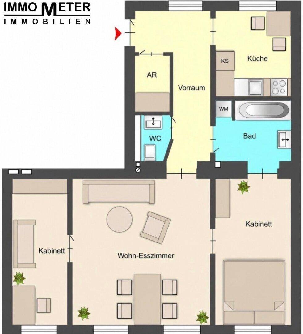 Detaillierter Grundriss einer Wohnung mit Wohn-Esszimmer, zwei Kabinetten, Küche und Bad.