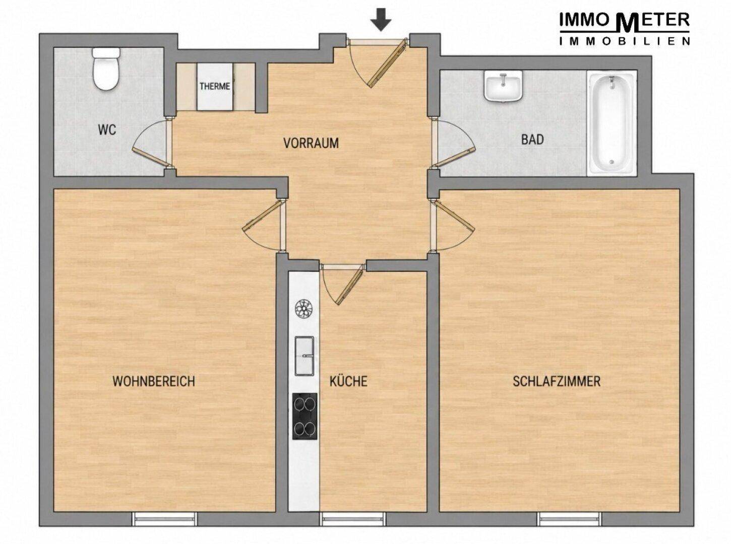 Grundriss der Wohnung mit Wohnbereich, Küche, Schlafzimmer, Bad und separatem WC.