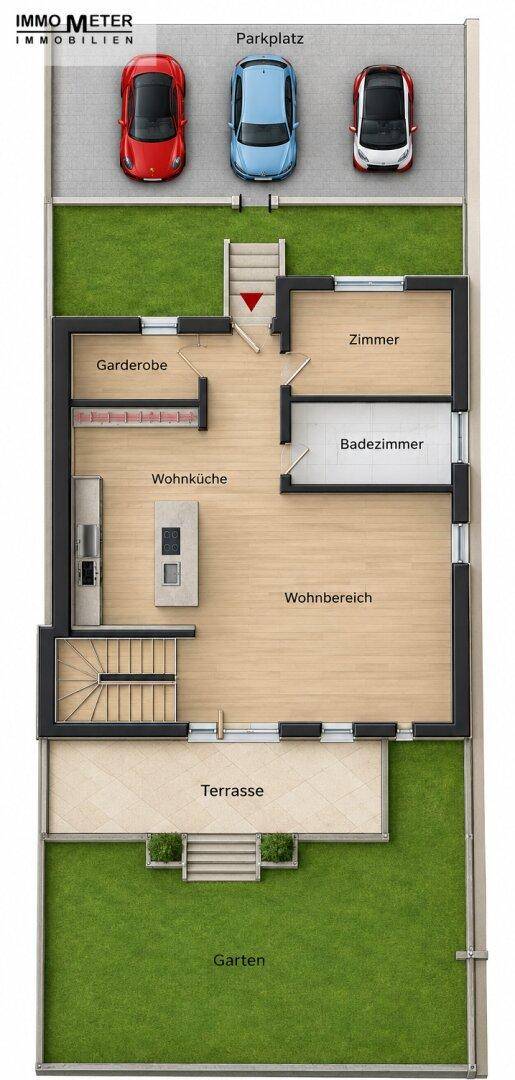 Grundriss des Erdgeschosses mit offenem Wohnbereich, Küche, Bad, Terrasse, Garten und Parkplätzen.