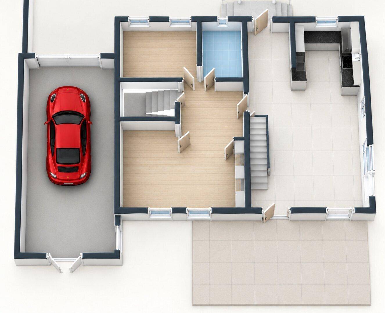 Grundriss des Erdgeschosses mit offener Küche, Wohnbereich, Bad und integrierter Garage sowie Terrasse.