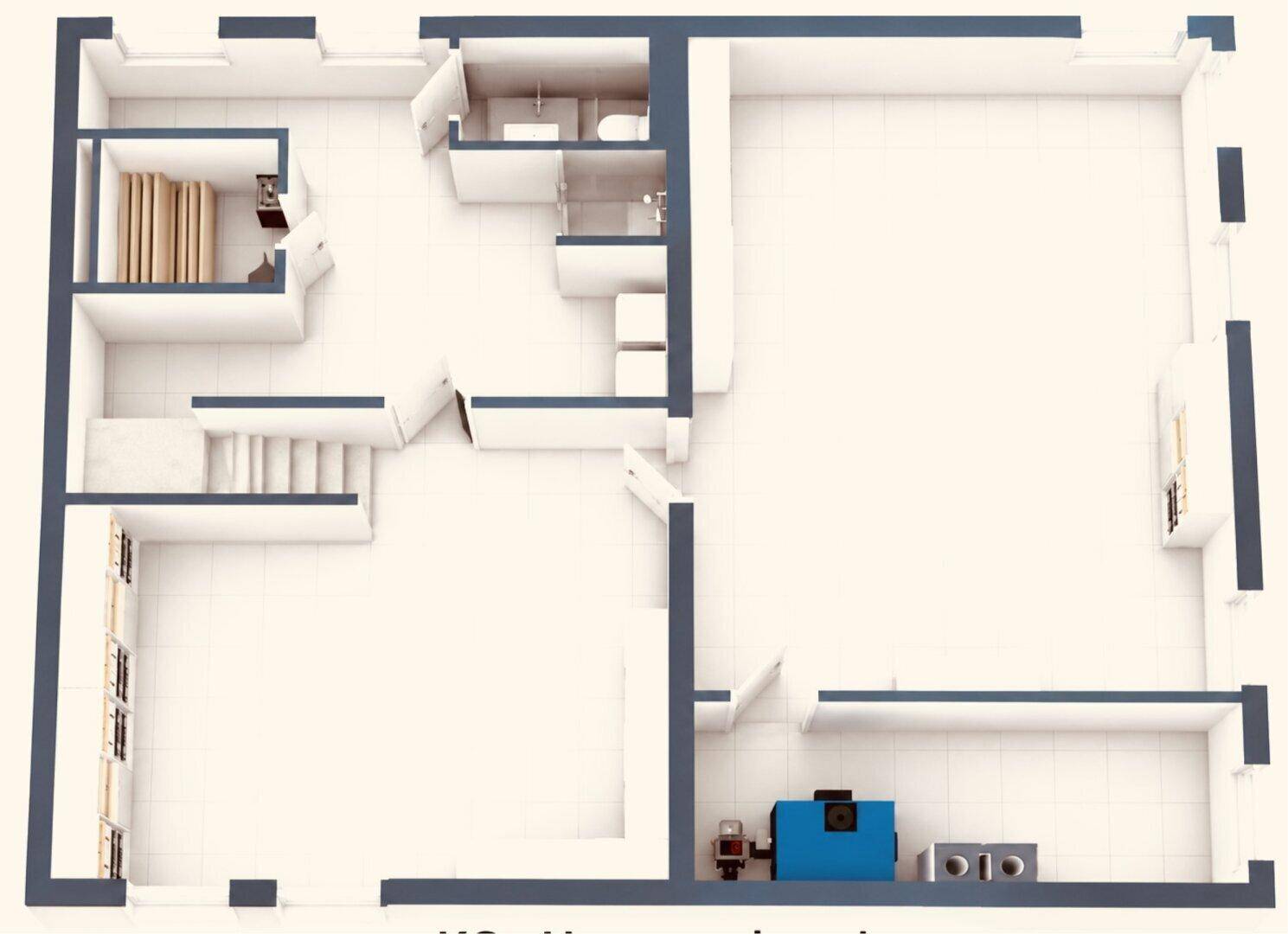 Grundriss des Untergeschosses mit Heizungsraum, Abstellraum und einem weiteren Badezimmer.