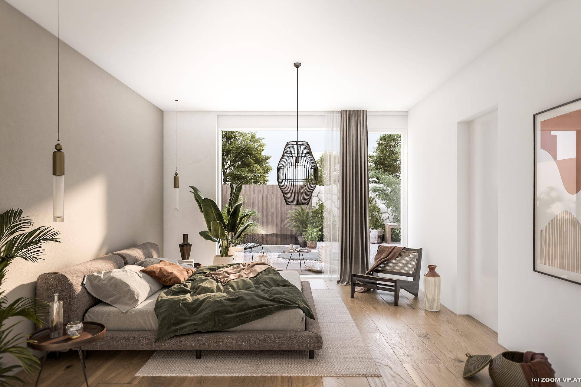 Gemütliches Schlafzimmer mit großem Bett, Holzboden und direktem Zugang zur Terrasse.