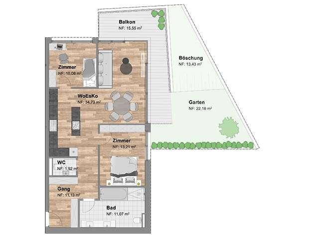 Detaillierter Grundriss einer Wohnung mit offenem Wohn-Essbereich, Balkon und privatem Gartenanteil.