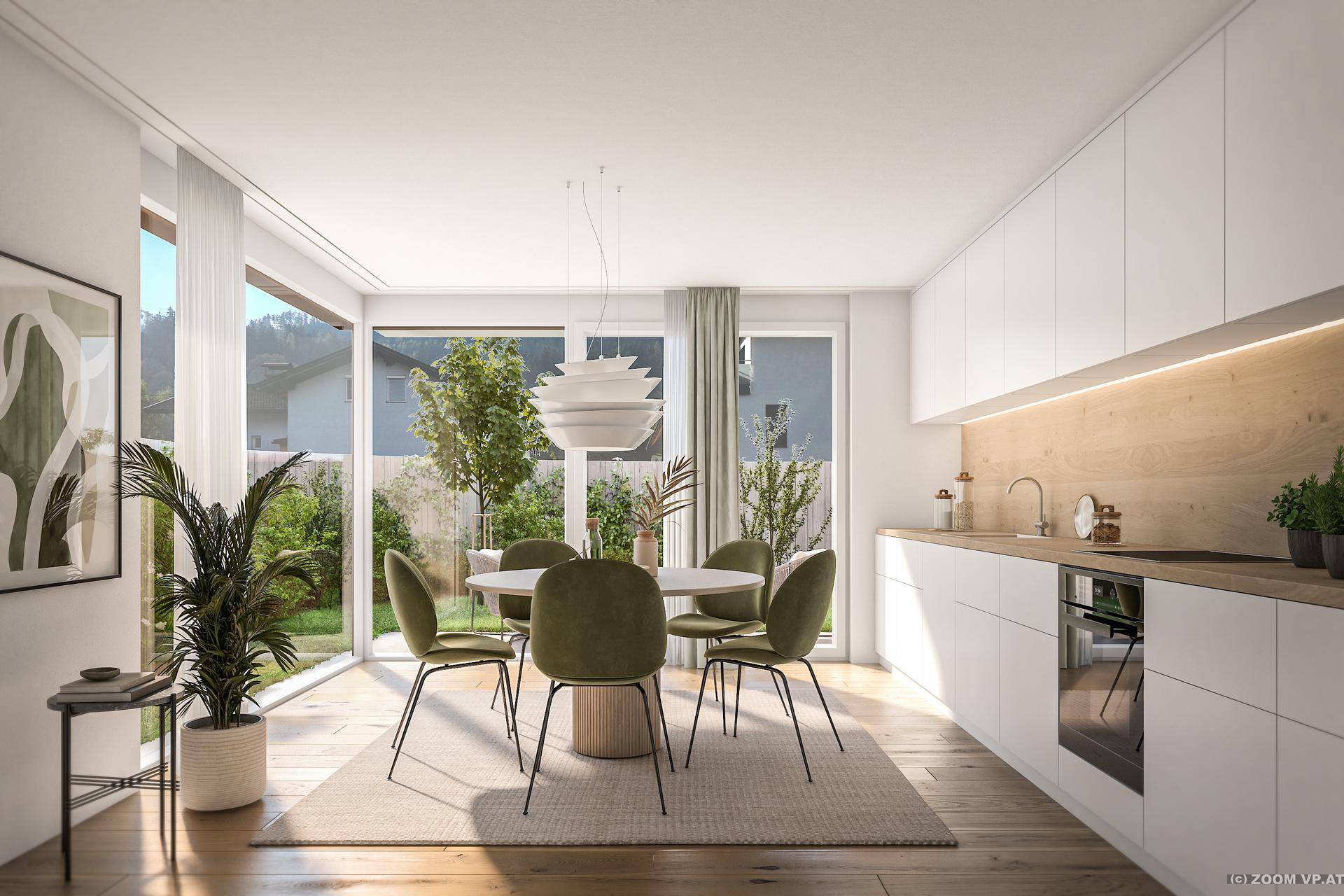 Moderne Einbauküche mit weißen Fronten, Holzarbeitsplatte und Essbereich mit Gartenblick.