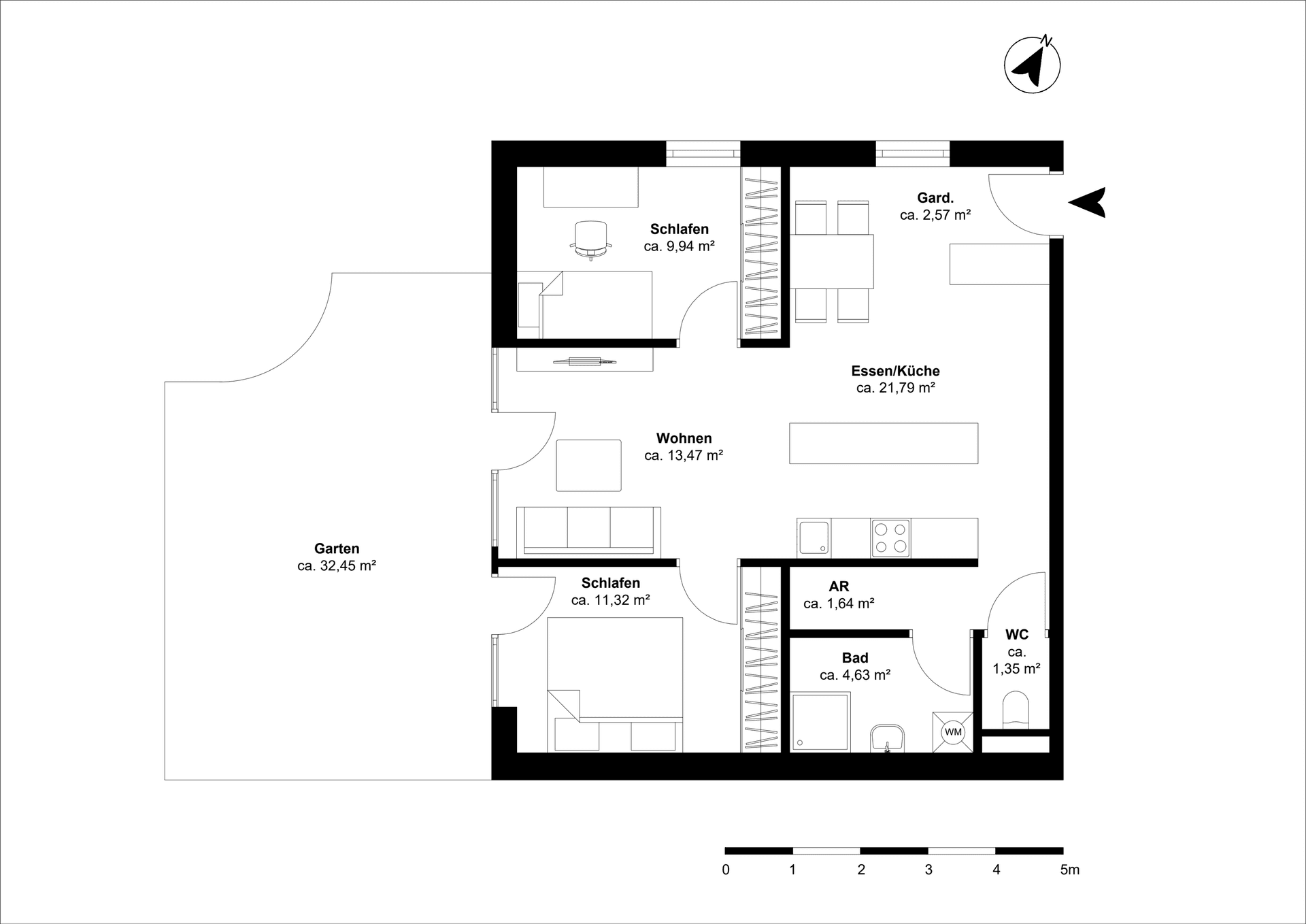 Grundriss einer Wohnung mit drei Schlafzimmern, offenem Wohnbereich und Garten.