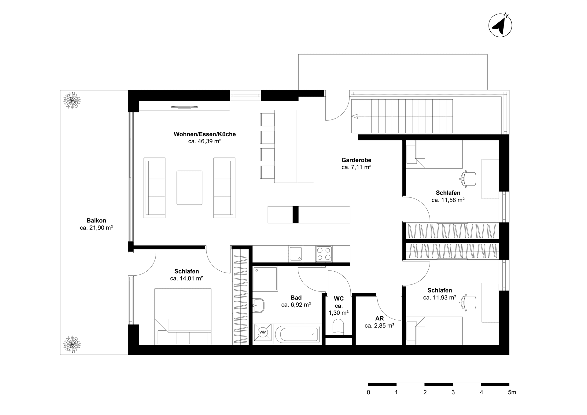 Detaillierter Grundriss einer Wohnung mit drei Schlafzimmern, offenem Wohnbereich und großem Balkon.