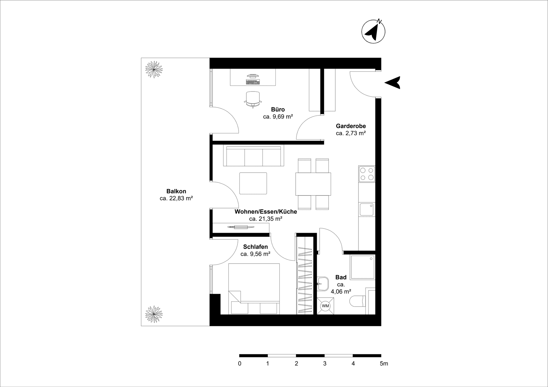 Grundriss einer Wohnung mit Balkon, Büro, Schlafzimmer und offenem Wohn-/Ess-/Kochbereich.