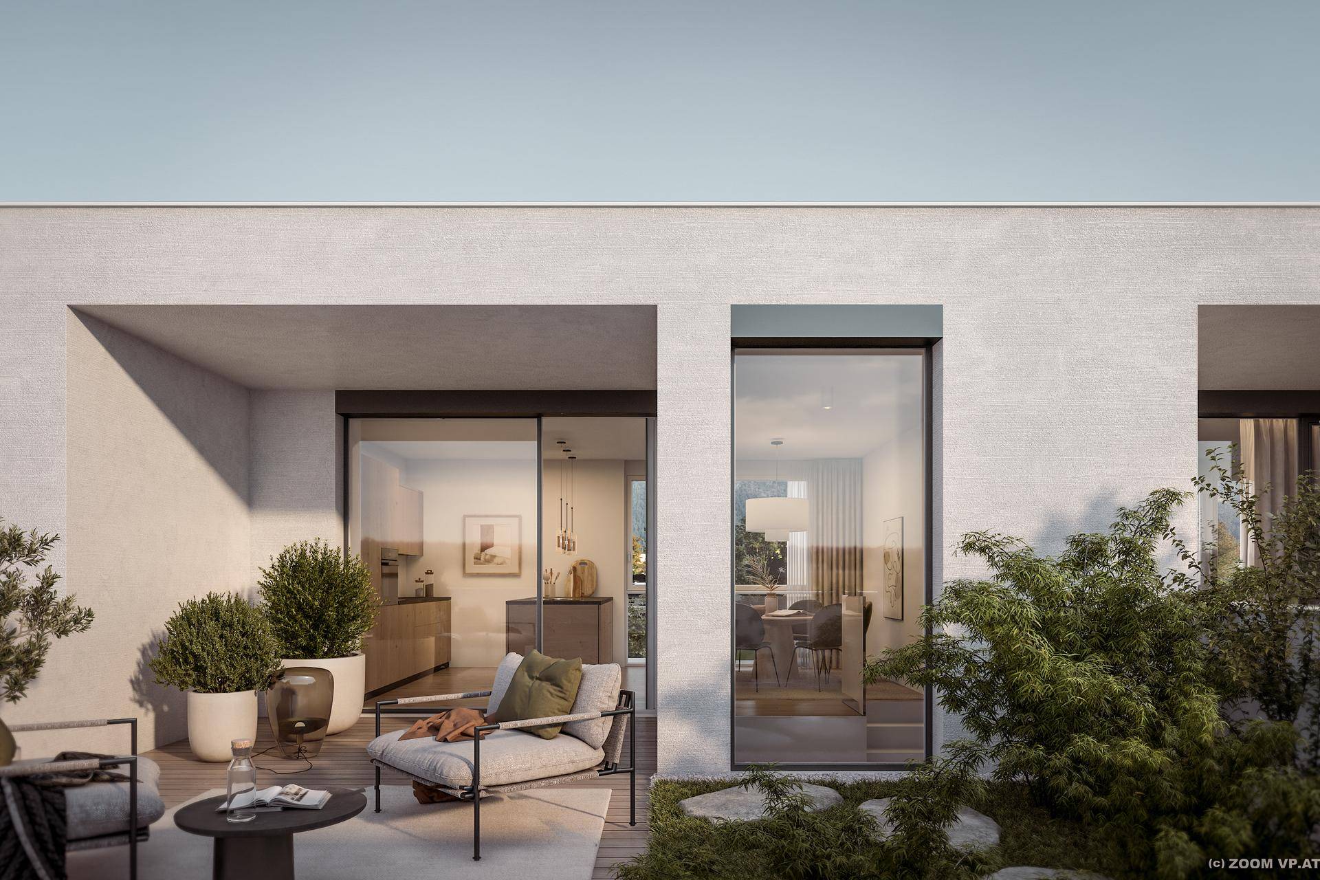 Geräumige Dachterrasse mit modernen Sitzgelegenheiten und Blick in den Innenbereich.