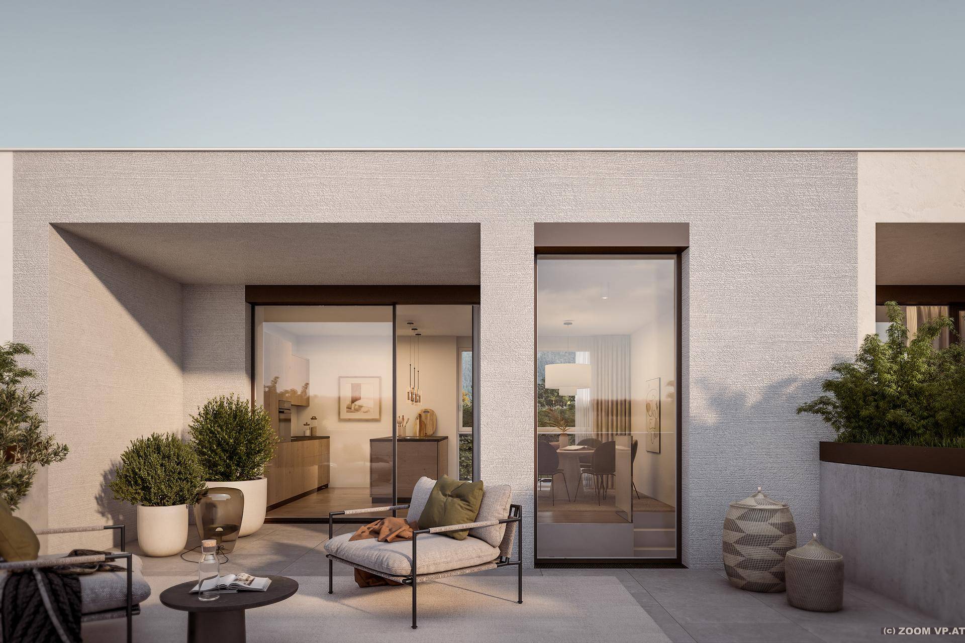 Geräumige Dachterrasse mit modernen Gartenmöbeln und Pflanzen, ideal zum Entspannen.
