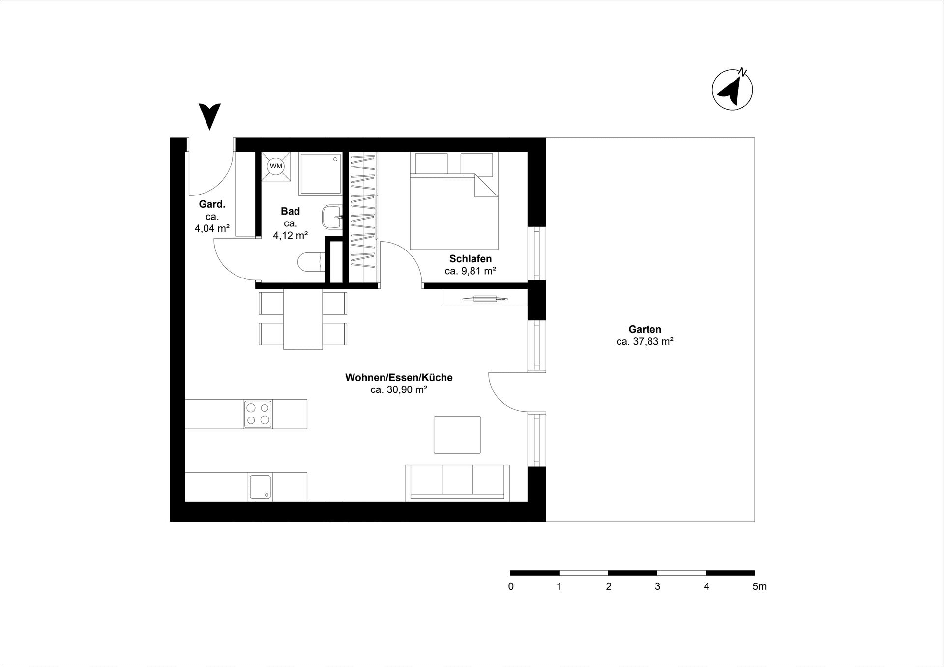 Grundriss einer Wohnung mit offenem Wohn-/Ess-/Kochbereich, Schlafzimmer und Garten.