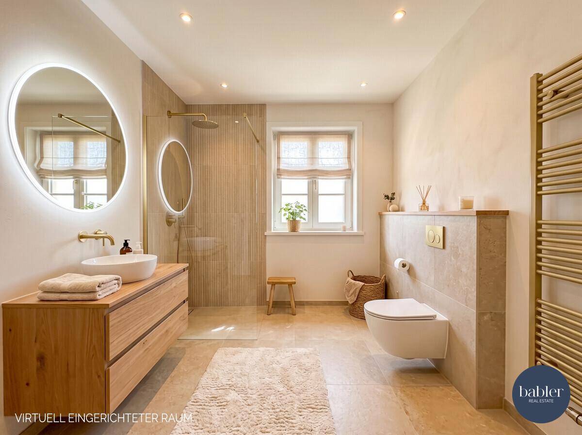 Modernes, virtuell eingerichtetes Badezimmer mit begehbarer Dusche, Doppelwaschbecken und Fenster.