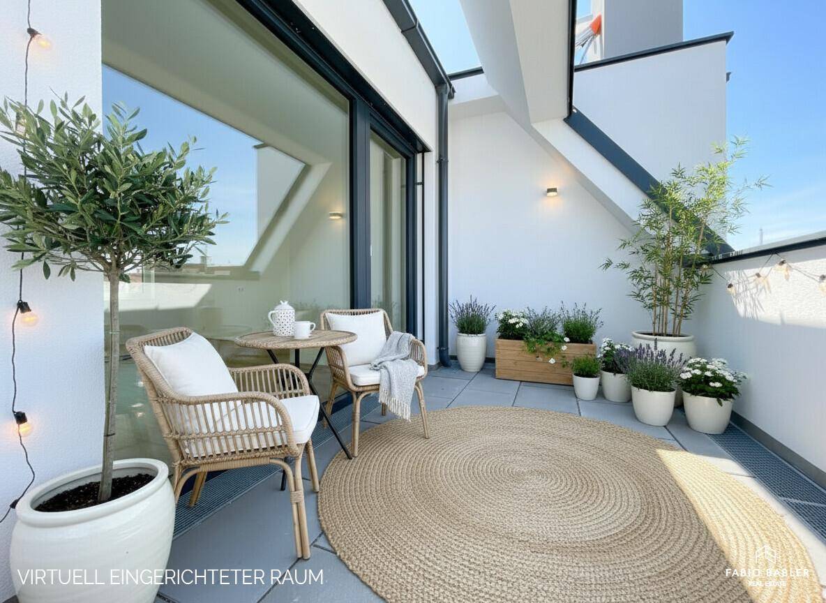 Einladender Balkon mit Rattanmöbeln, vielen Pflanzen und stimmungsvoller Beleuchtung.