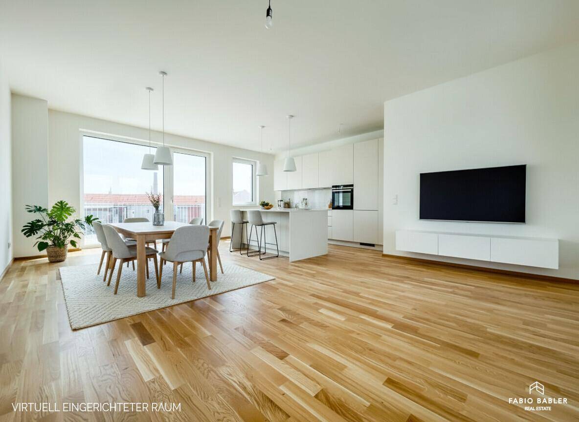 Heller, offener Wohn-Essbereich mit moderner Einbauküche, Holzboden und großen Fenstern.