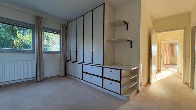 Schlafzimmer mit Teppichboden, Einbauschränken und Fenstern mit Blick ins Grüne.