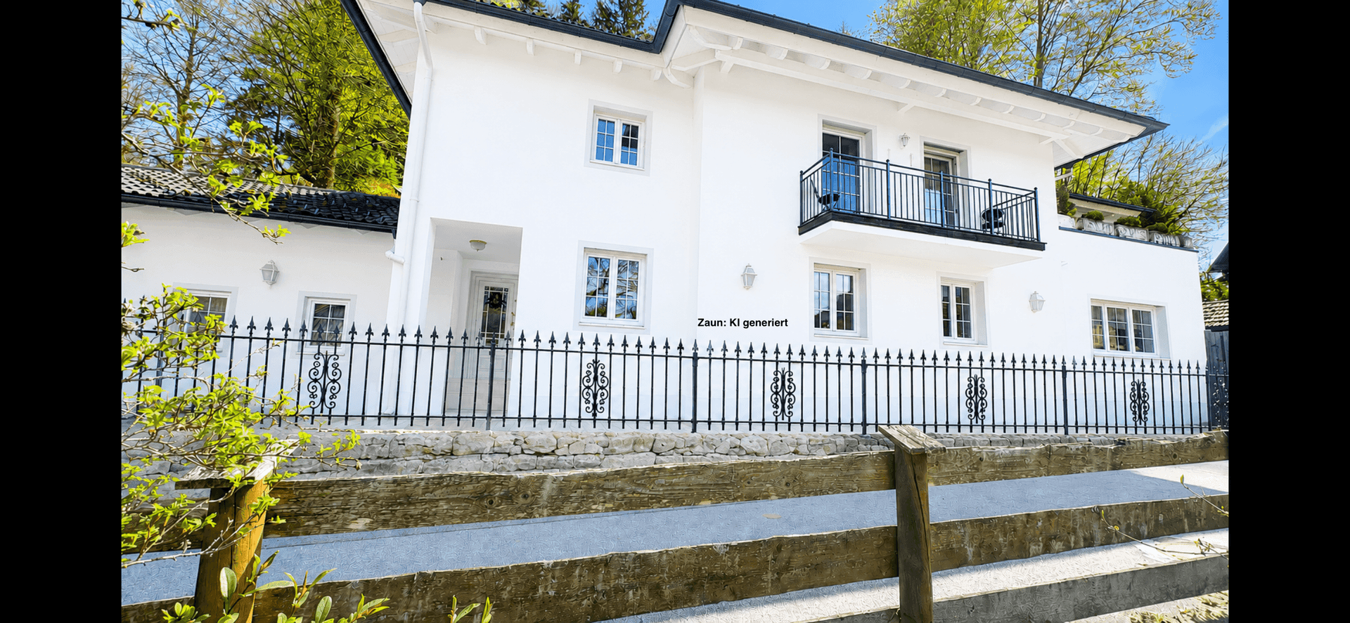 Modernes weißes Haus mit schmiedeeisernem Zaun und kleinem Balkon, umgeben von grüner Natur.