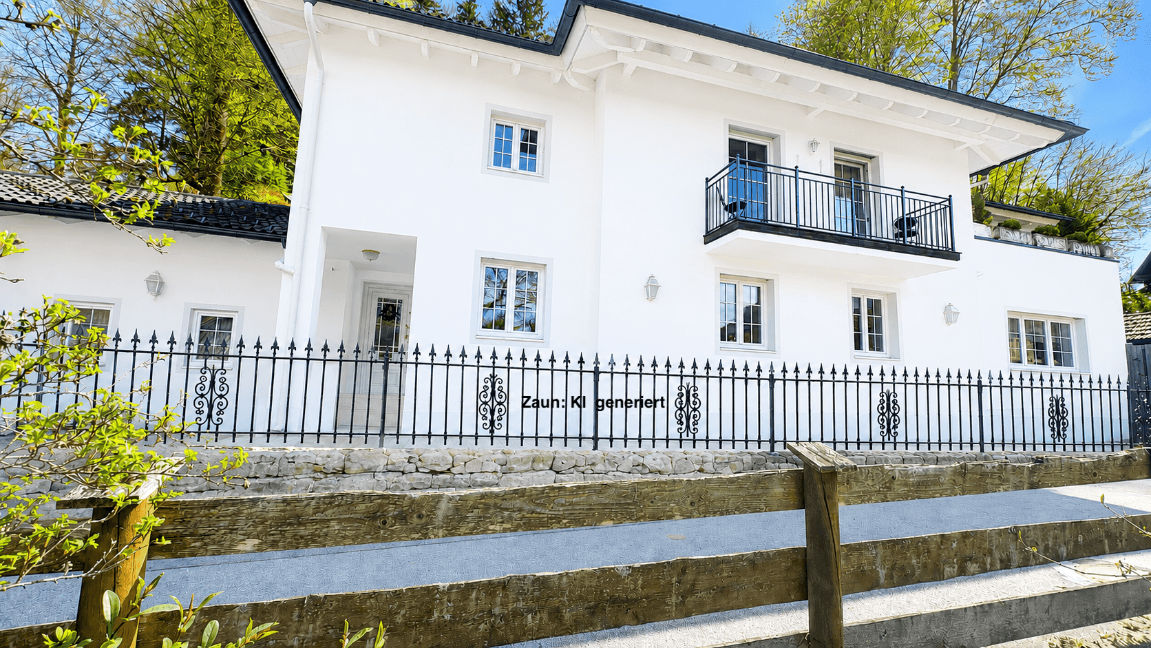 Helle Fassade eines modernen Hauses mit schmiedeeisernem Zaun und einem kleinen Balkon im Obergeschoss.