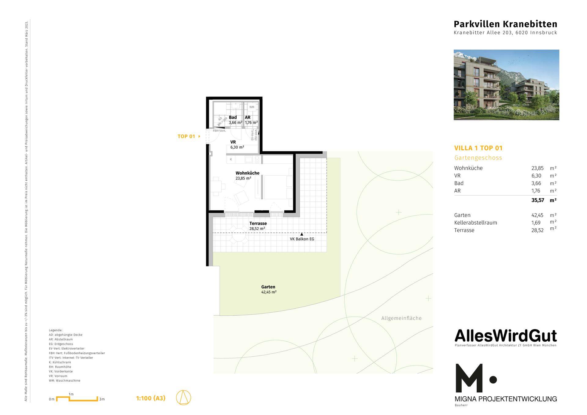 Grundriss der Villa Top 01 mit Wohnküche, Bad, WC, Abstellraum, Garten und großer Terrasse.