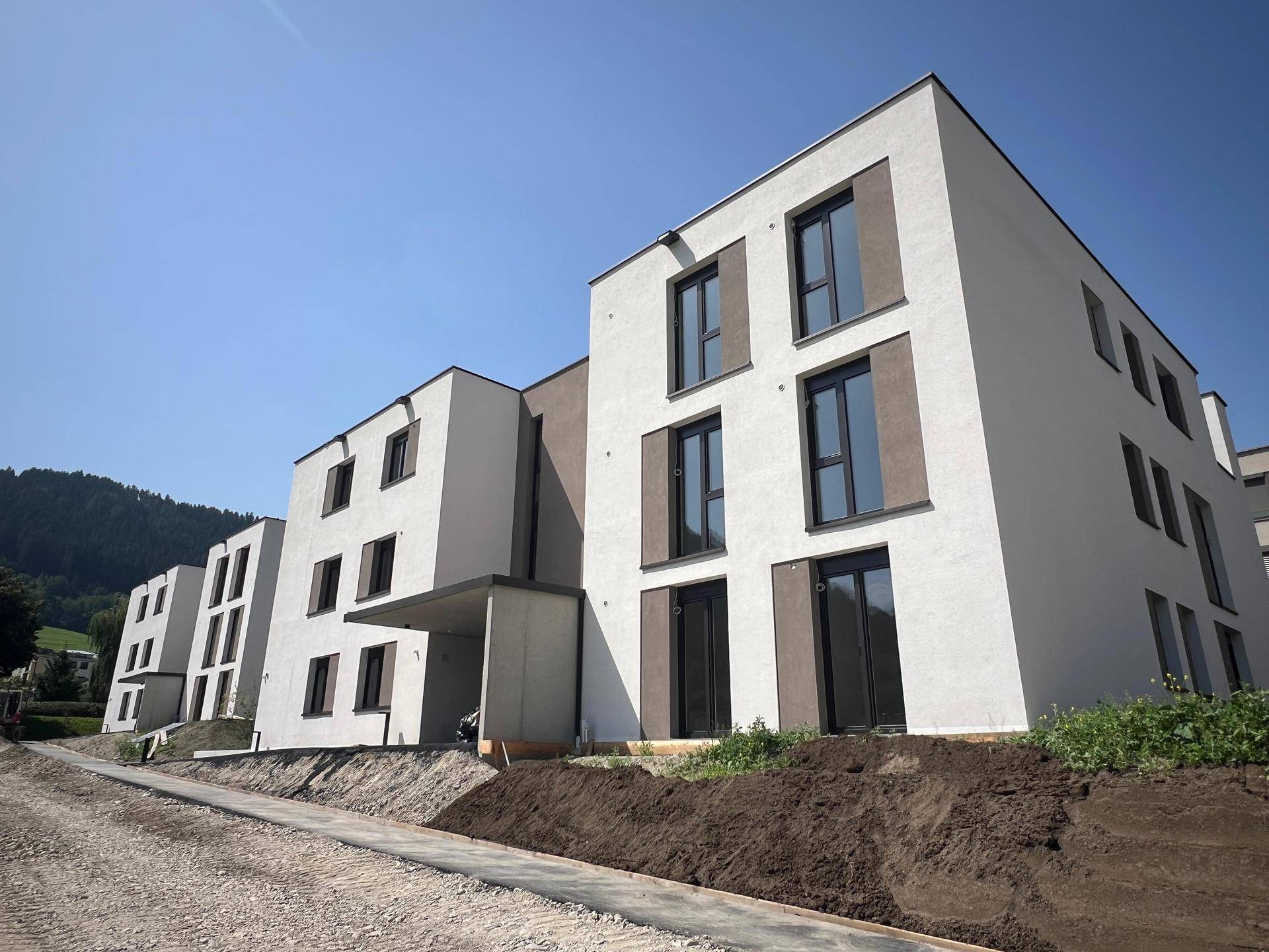 Mehrere moderne Neubauten mit weißer Fassade und dunklen Fensterrahmen in einer ländlichen Umgebung.
