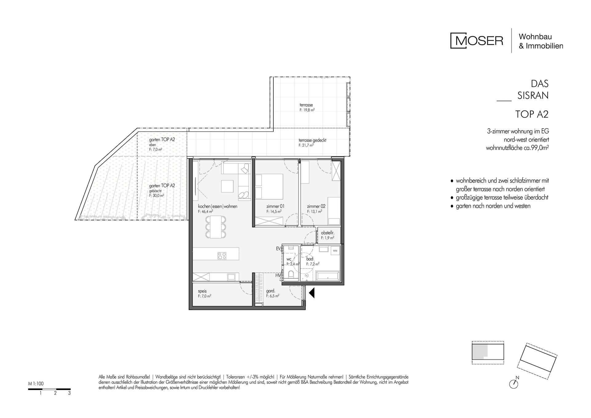 Grundriss einer 3-Zimmer-Wohnung im Erdgeschoss mit großer Terrasse und Garten.