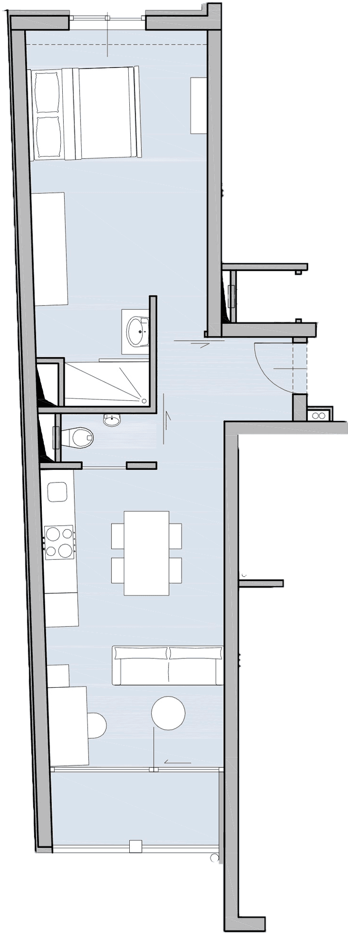 Grundriss einer Wohnung mit Schlafzimmer, offenem Wohnbereich und Badezimmer.