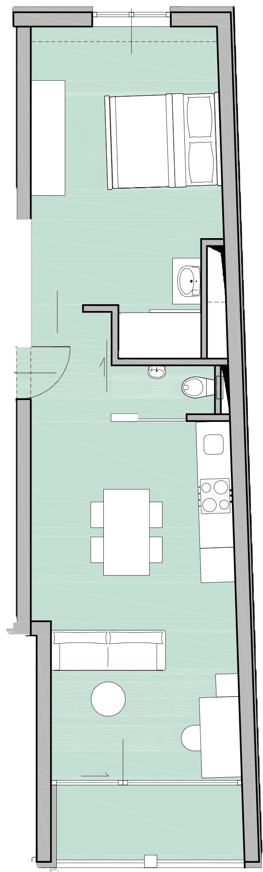 Grundriss einer schmalen Wohnung mit offenem Wohnbereich, Schlafzimmer und Bad.