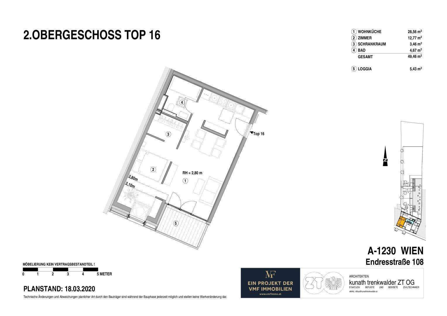 Detaillierter Grundriss der Wohnung Top 16 im 2. Obergeschoss mit Loggia.