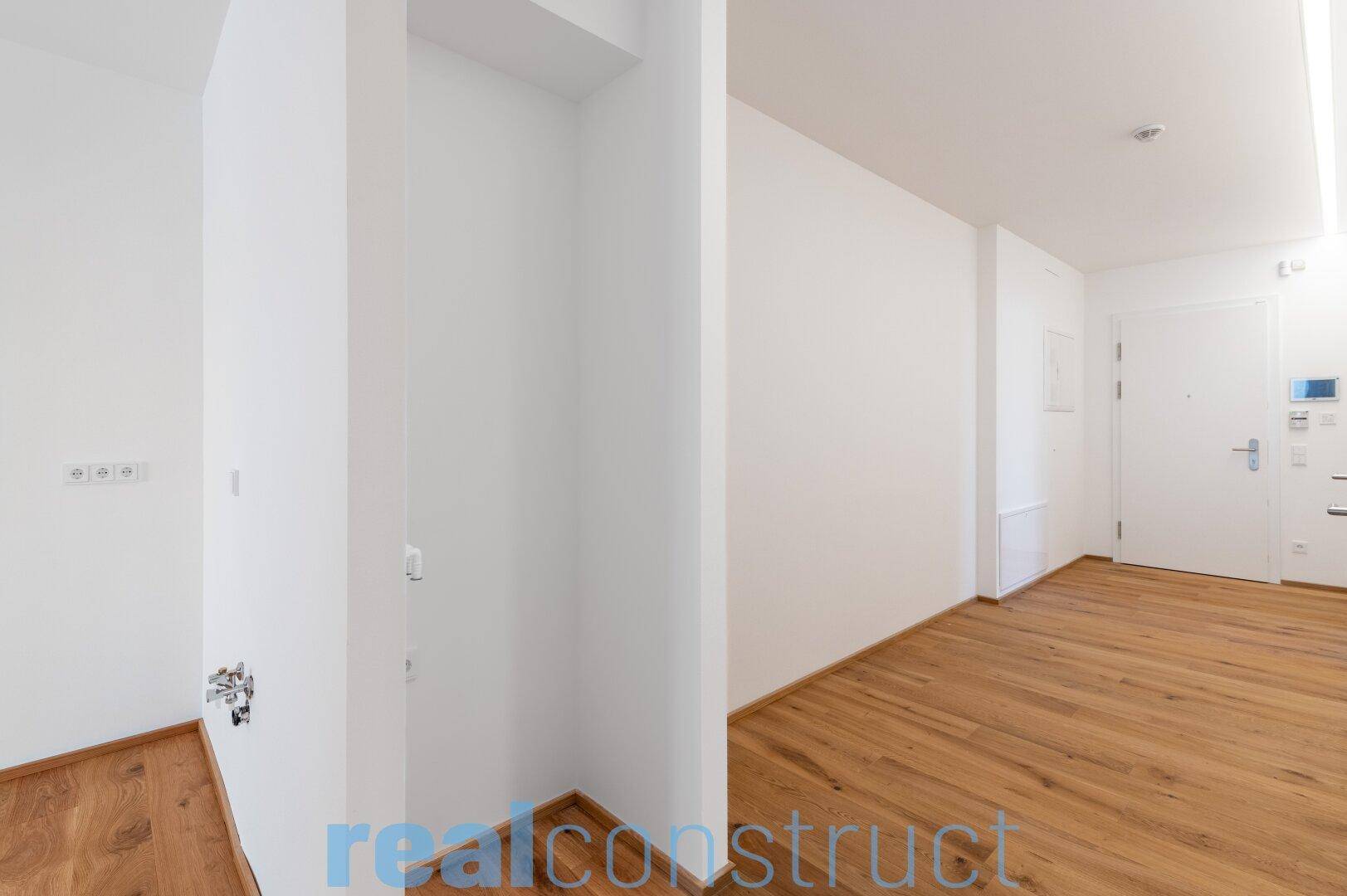 Heller Eingangsbereich mit Holzboden und moderner Haustür.