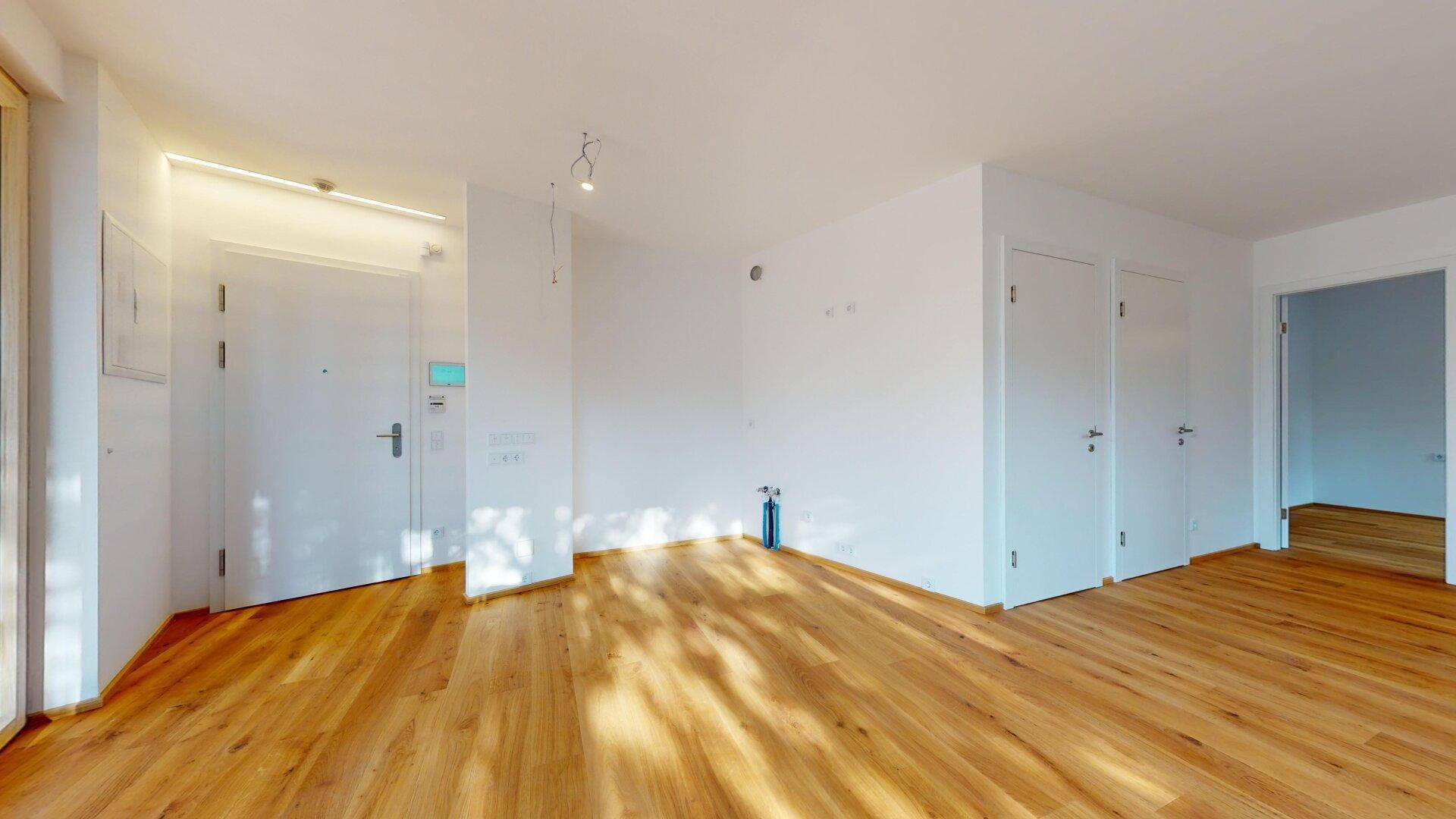 Heller Eingangsbereich mit Holzboden und weißen Wänden, ausgestattet mit modernen Türen.