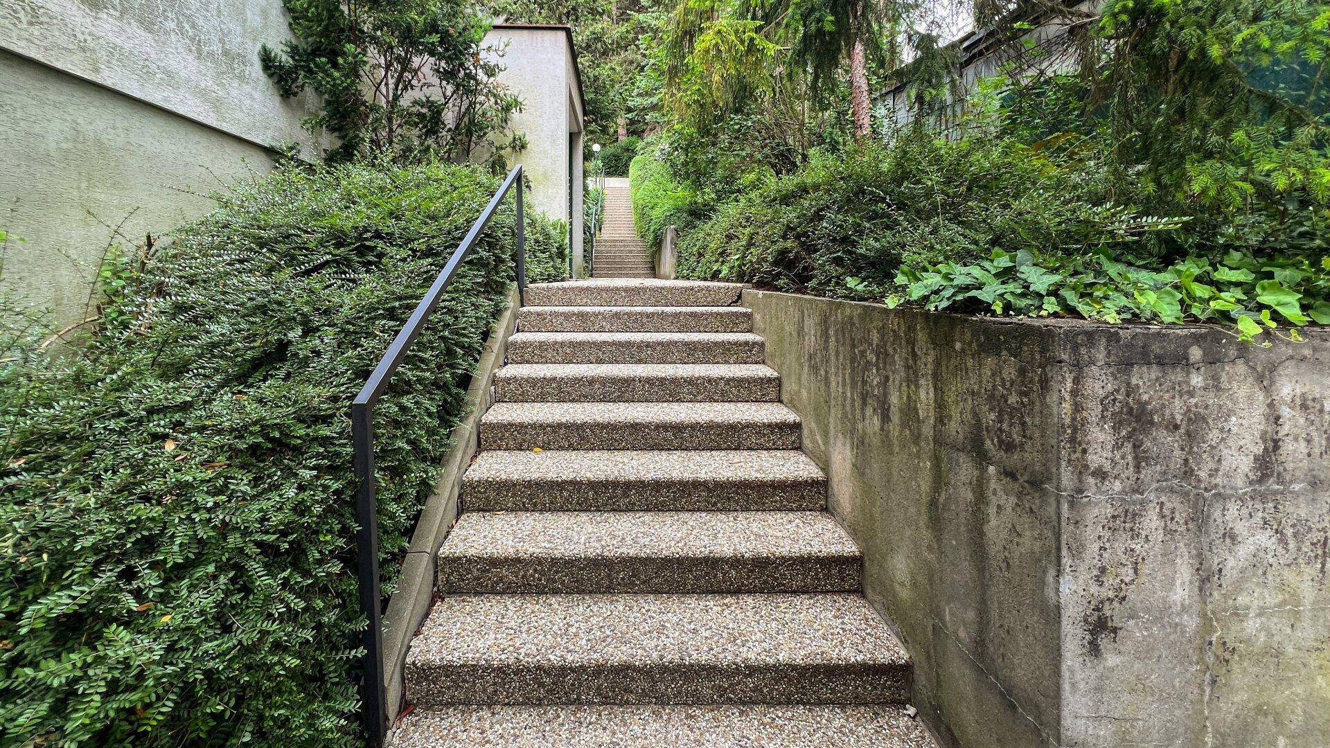 Steintreppe führt durch eine grüne Landschaft zu einem höher gelegenen Bereich, umgeben von Natur.
